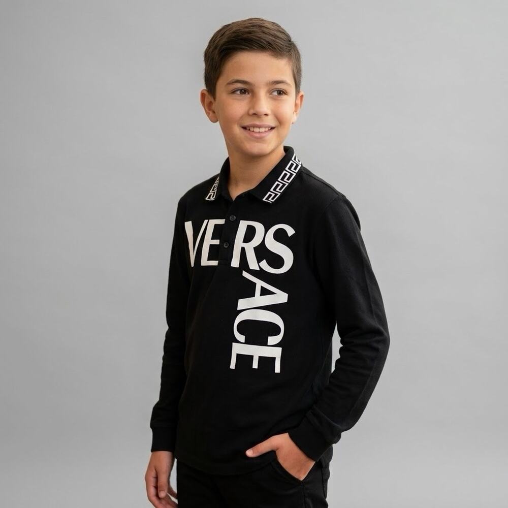 VERSACE Boys Size 14 Black Long Sleeve Big Logo Polo Shirt